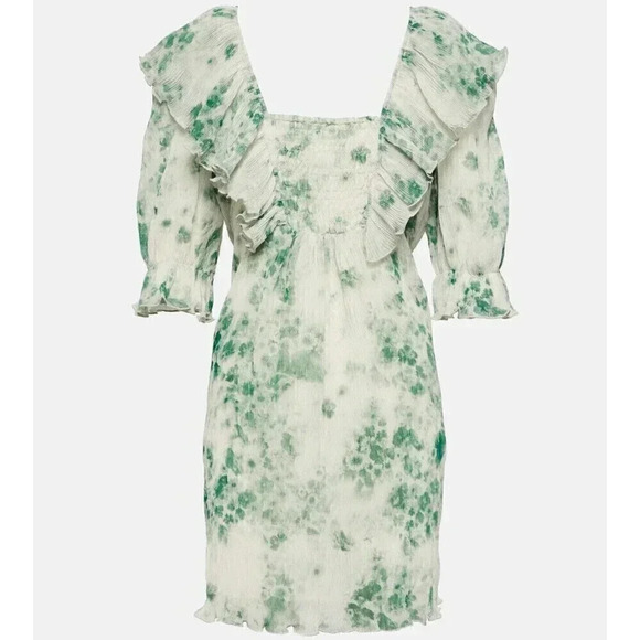 GANNI floral-print plissé-georgette minidress Size Small 4/6 Green And Cream - Picture 4 of 10